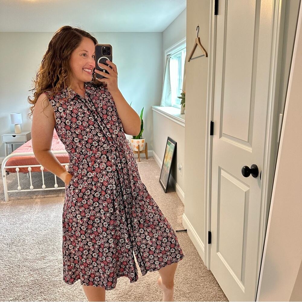 Boden Red White Blue Cotton Floral Button Front Belted MIDI Dress 14R - Picture 3 of 12